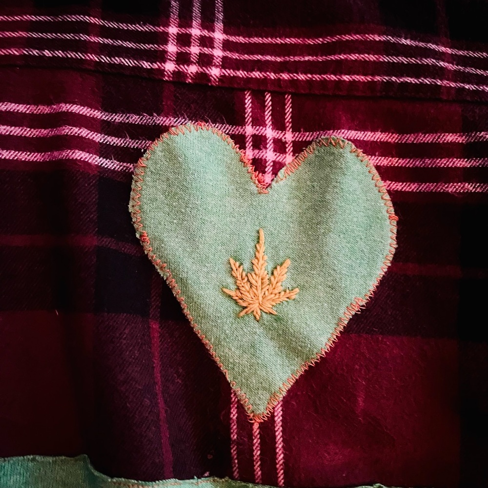 Keep it Green! OOAK flannel with Smokey the Bear patch and hand embroidered leaf